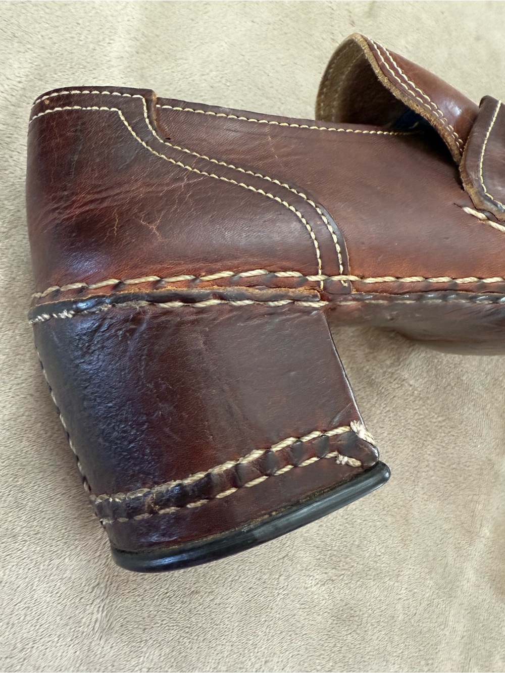 * Vintage Leather Chunky Heel Loafers Bold Stitching - Picture 5 of 12